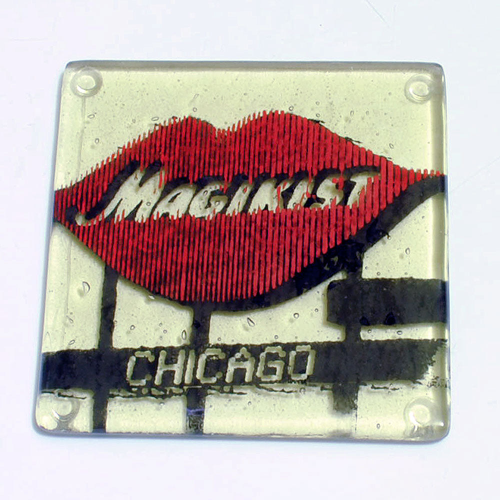 a picture of a chicago sign with a red lipstick on it